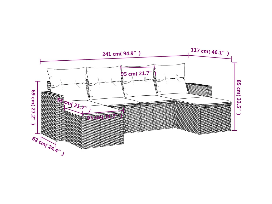 Salon de jardin 6 pcs avec coussins gris clair résine tressée