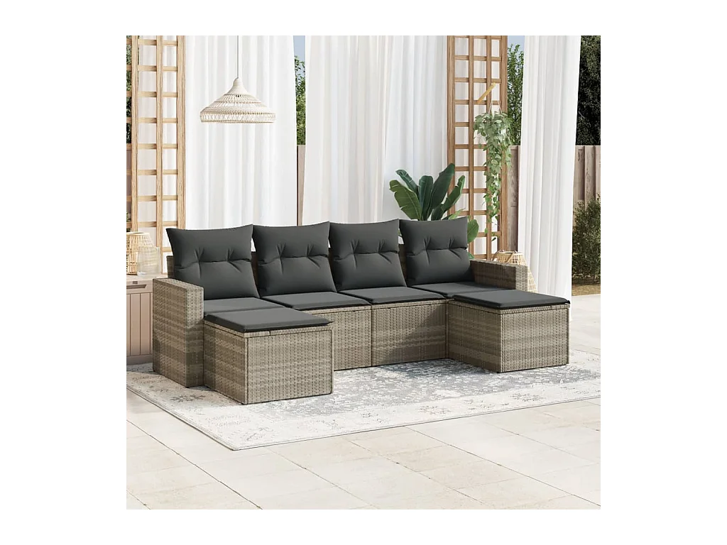 Set Divano da Giardino 6pz con Cuscini Grigio Chiaro Polyrattan