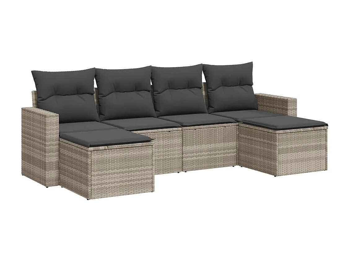 6-tlg. Garten-Sofagarnitur mit Kissen Hellgrau Poly Rattan