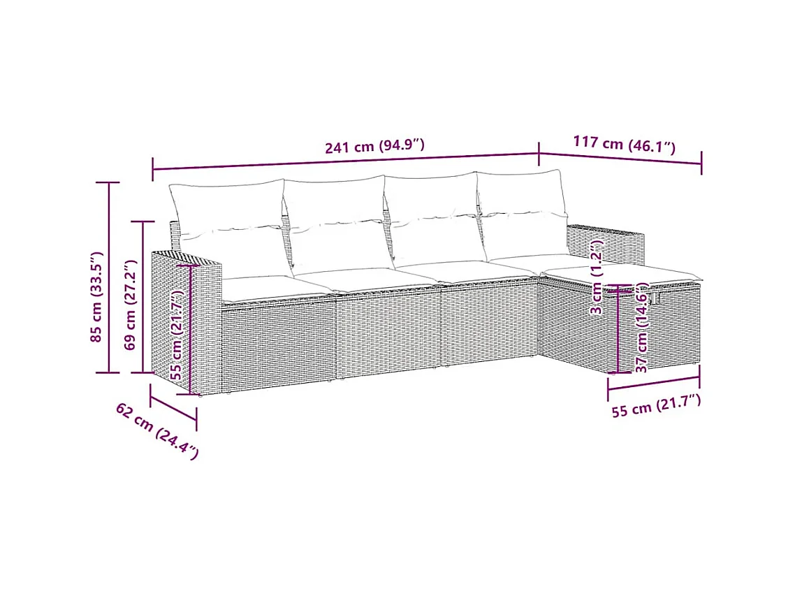 5-delige Loungeset met kussens poly rattan bruin