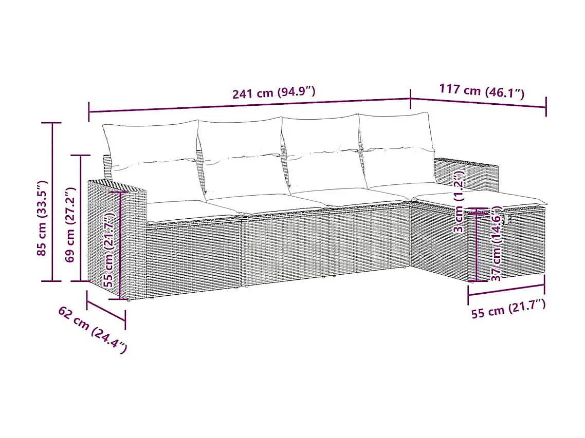 5-delige Loungeset met kussens poly rattan bruin
