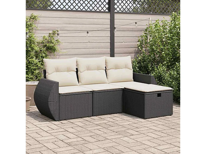 4-delige Loungeset met kussens poly rattan zwart