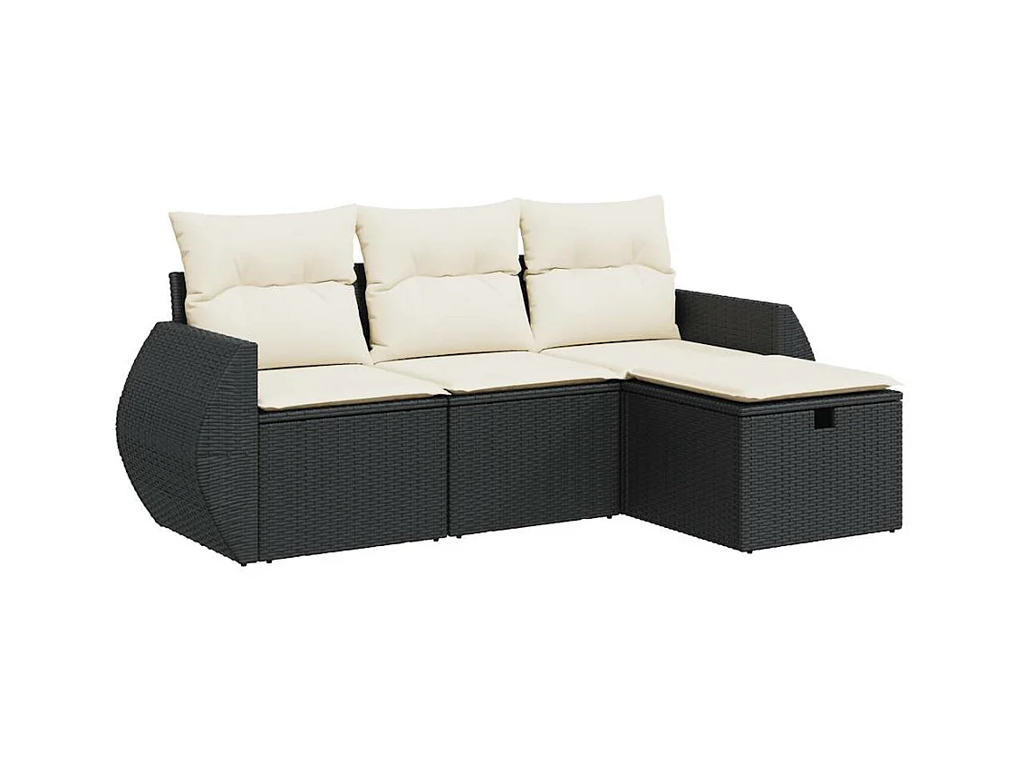 4-delige Loungeset met kussens poly rattan zwart