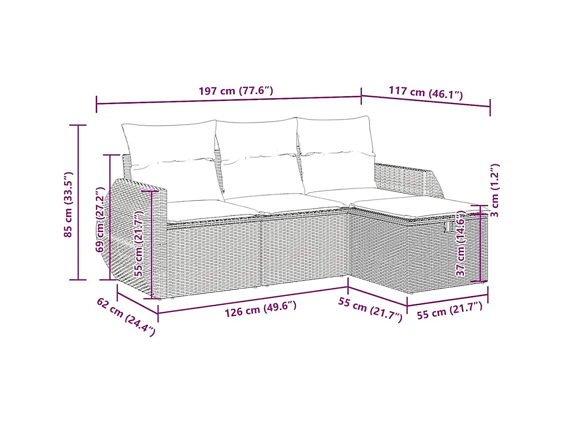 4-delige Loungeset met kussens poly rattan zwart