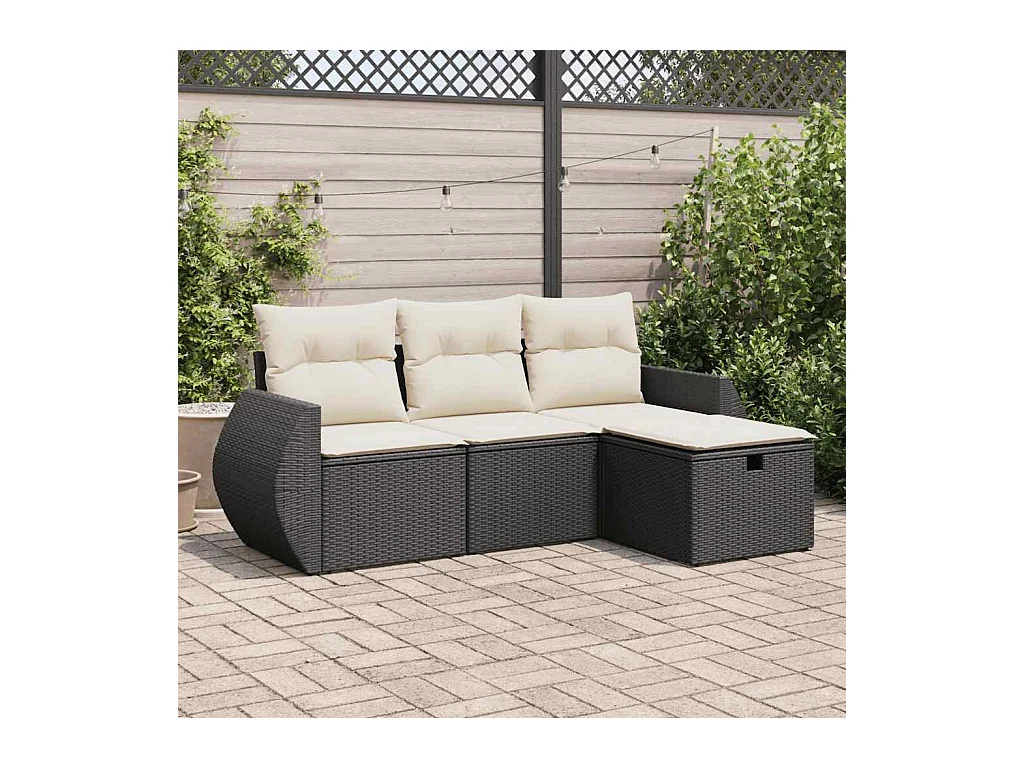 Salon de jardin 4 pcs avec coussins noir résine tressée
