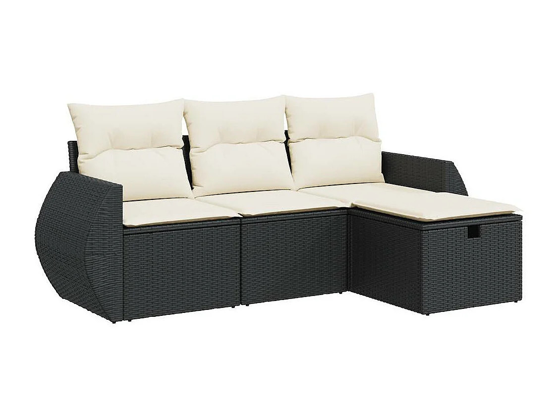 Salon de jardin 4 pcs avec coussins noir résine tressée