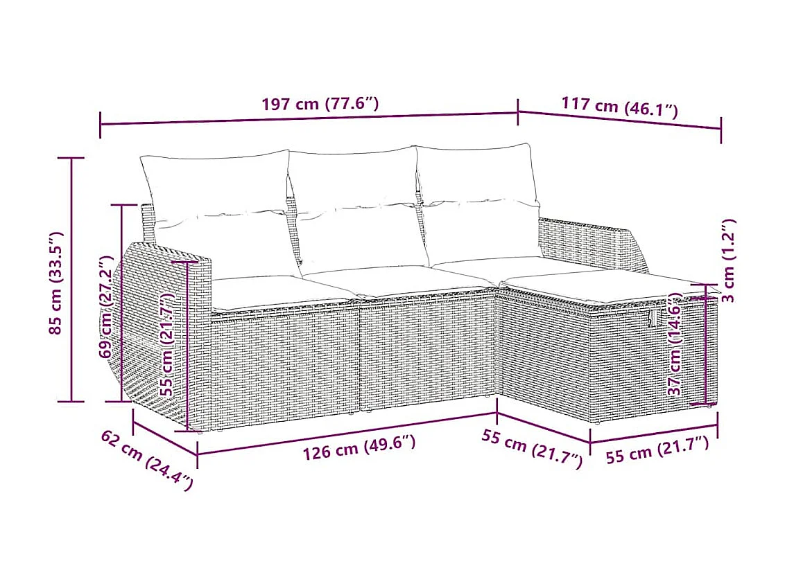 Salon de jardin 4 pcs avec coussins noir résine tressée