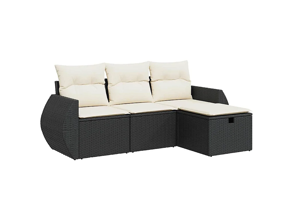 Salon de jardin 4 pcs avec coussins noir résine tressée