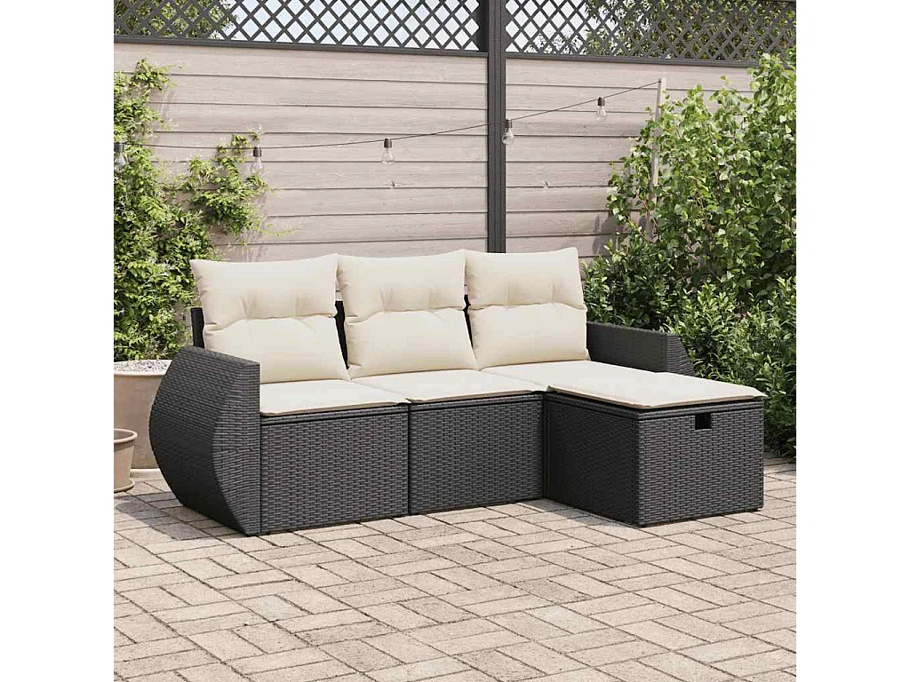 Salon de jardin 4 pcs avec coussins noir résine tressée