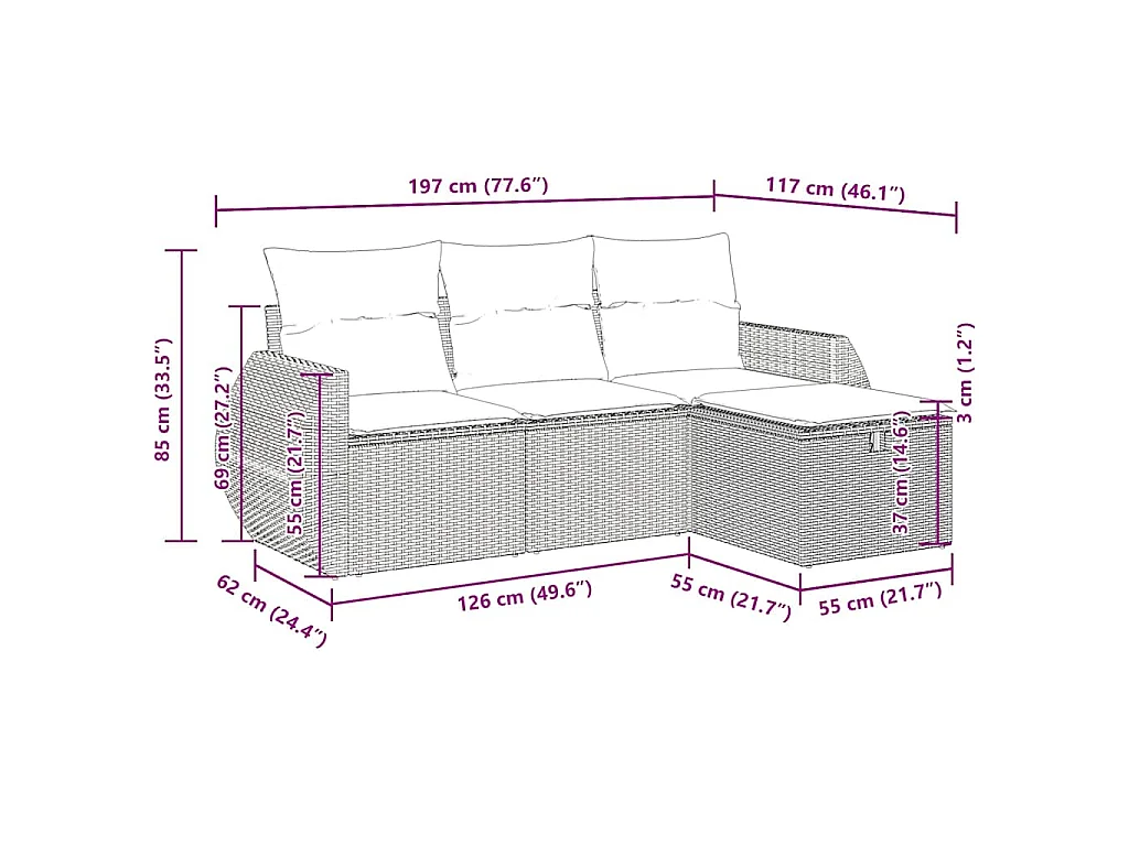 Salon de jardin 4 pcs avec coussins noir résine tressée