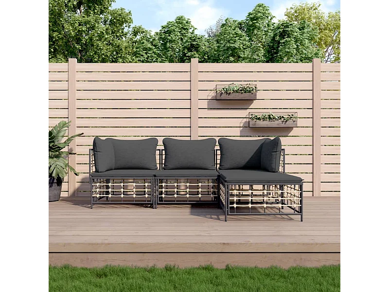 Set muebles de jardín 4 pzas y cojines ratán PE gris antracita