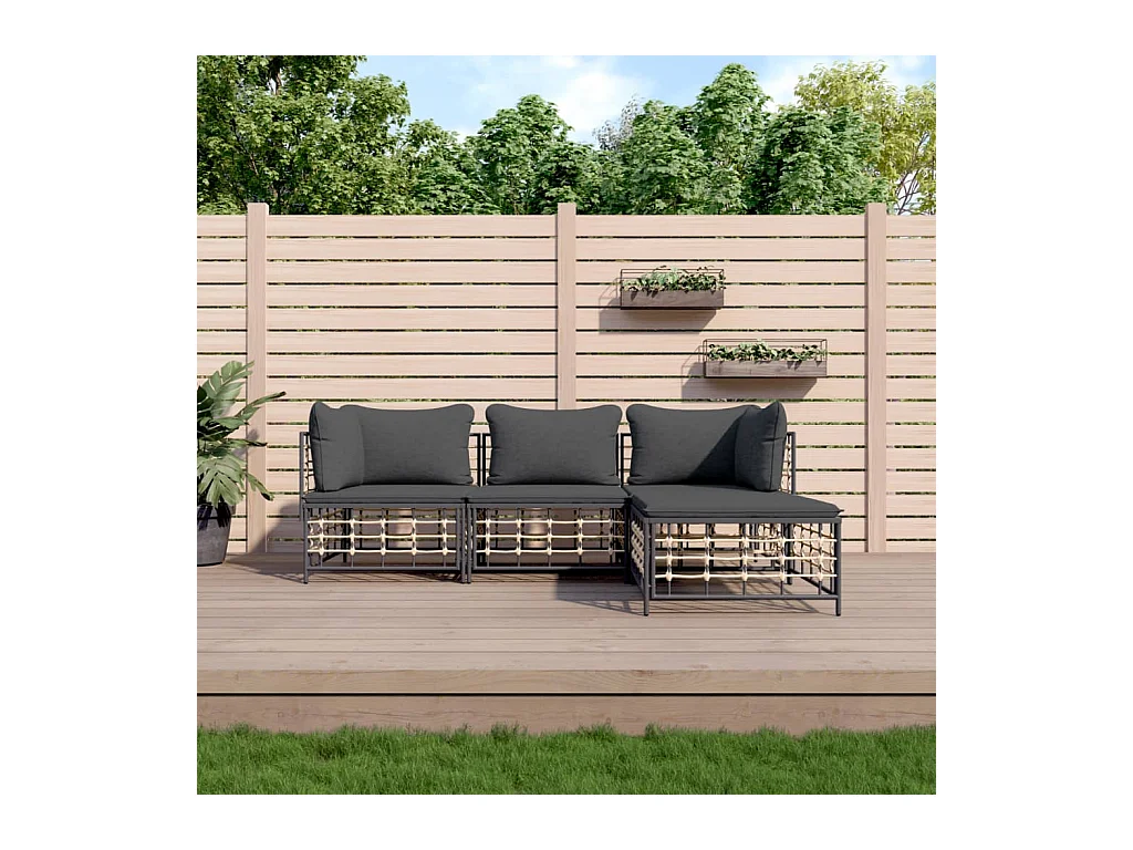 Salon de jardin 4 pcs avec coussins anthracite résine tressée