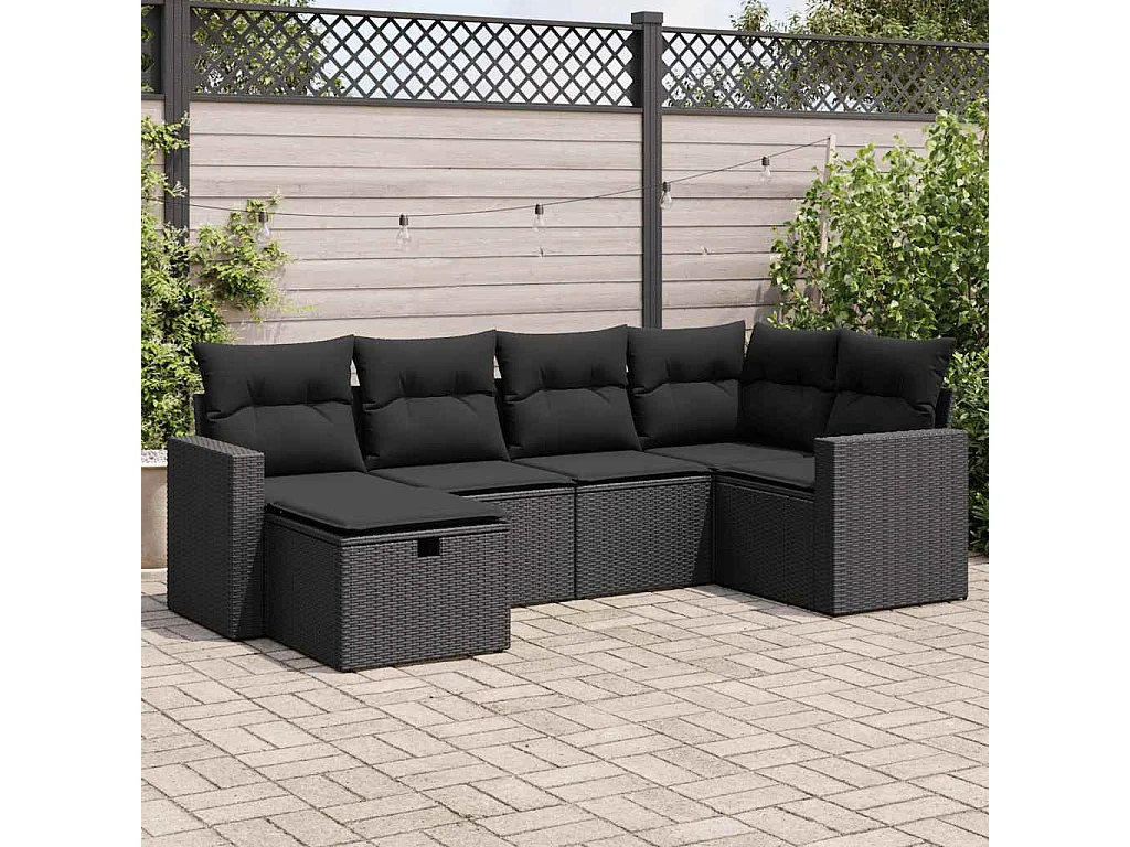 6 pcs conjunto sofás de jardim c/ almofadões vime PE preto