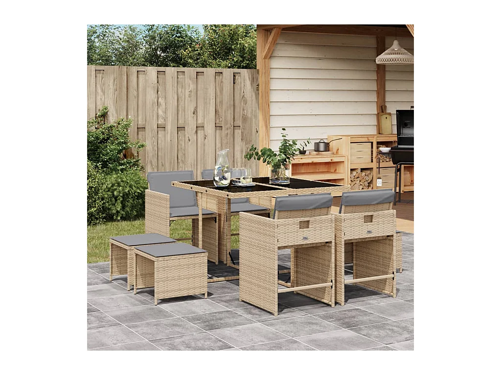 9-tlg. Garten-Essgruppe mit Kissen Beigemischung Poly Rattan