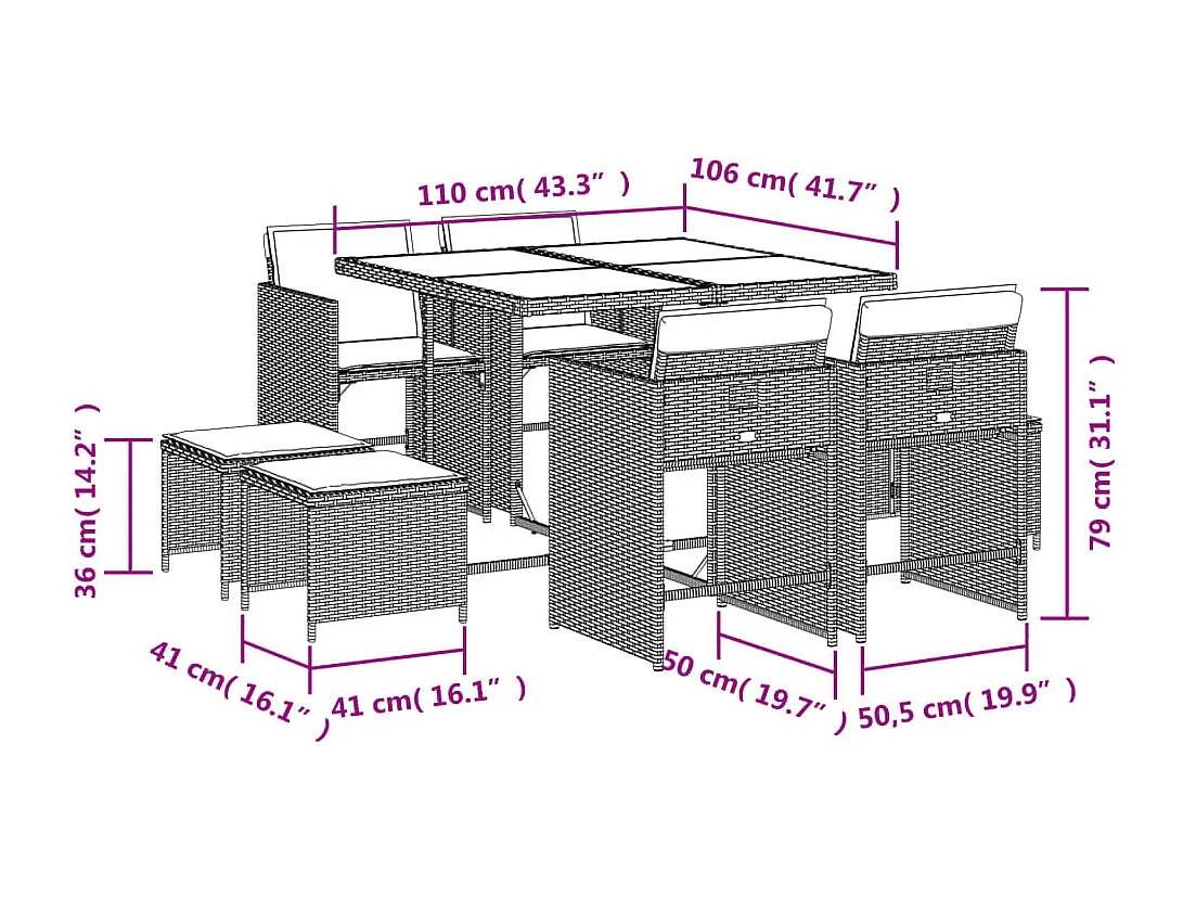 9-tlg. Garten-Essgruppe mit Kissen Beigemischung Poly Rattan