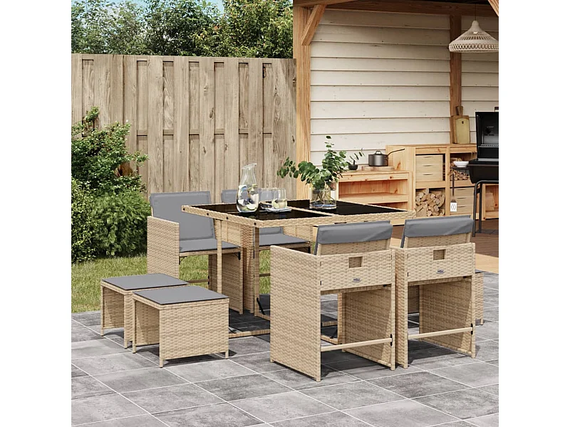 9-tlg. Garten-Essgruppe mit Kissen Beigemischung Poly Rattan