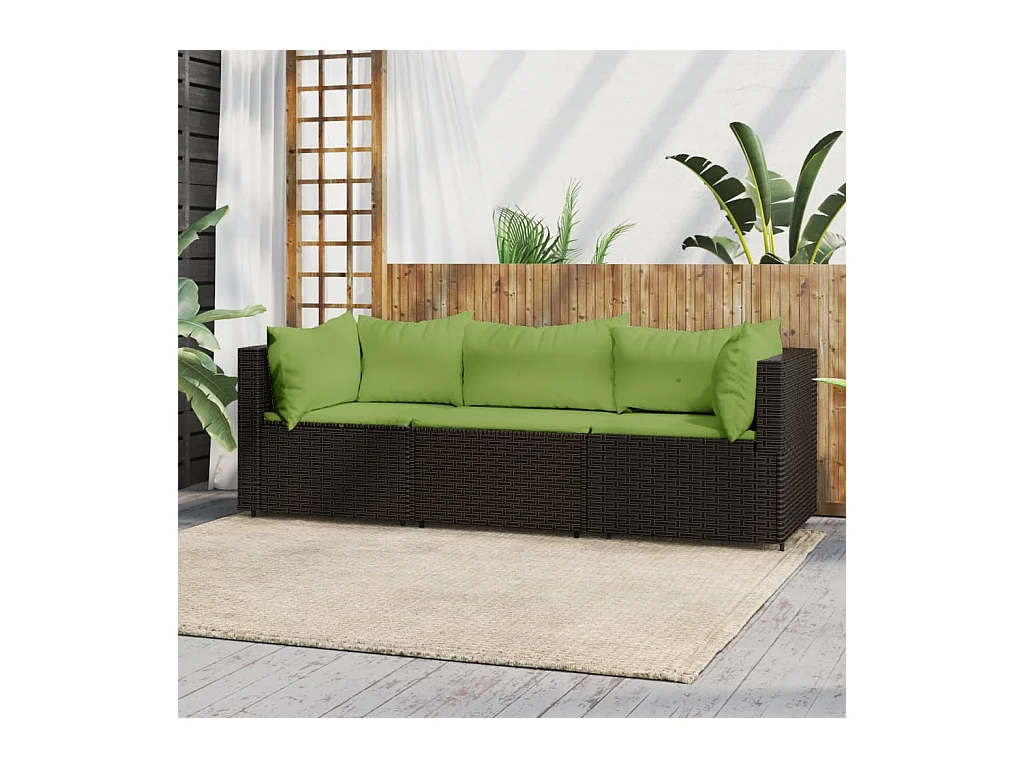 Salon de jardin 3 pcs avec coussins marron résine tressée