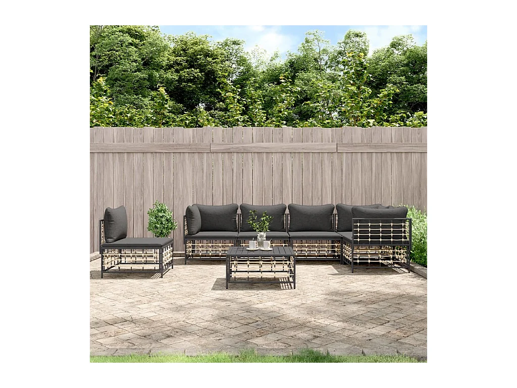 Salon de jardin 7 pcs avec coussins anthracite résine tressée