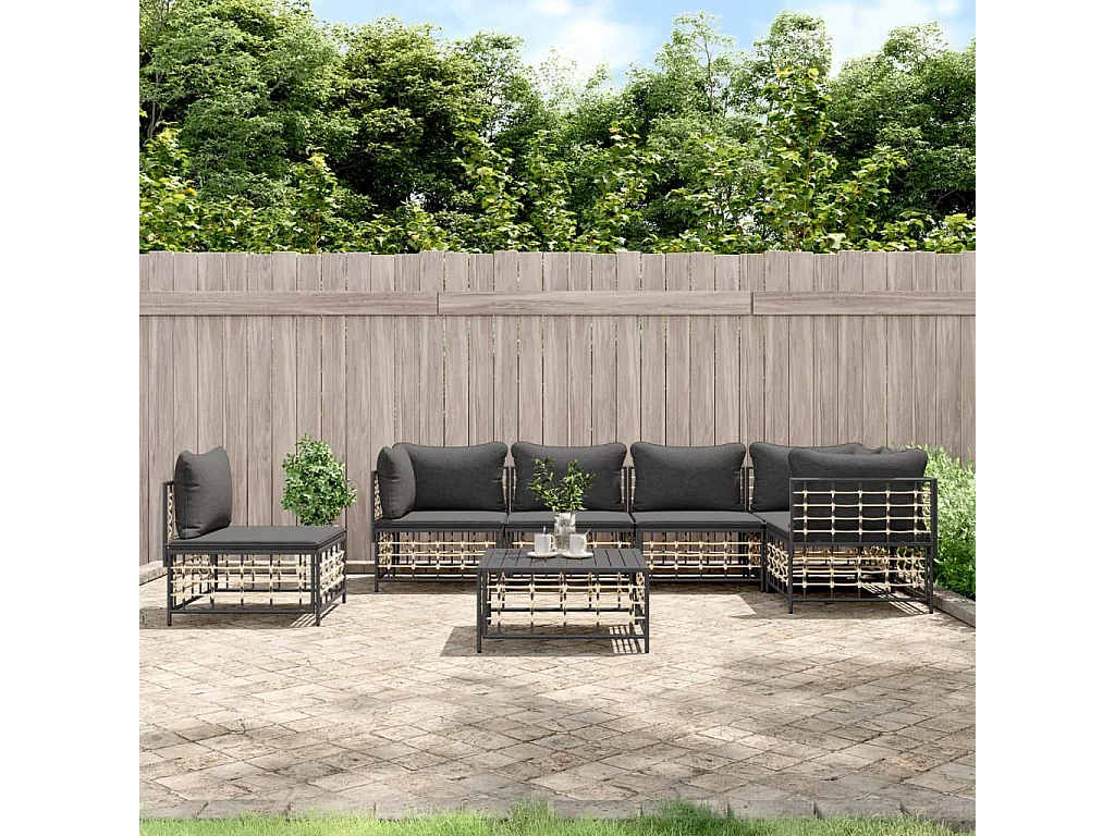 7-tlg. Garten-Lounge-Set mit Kissen Anthrazit Poly Rattan