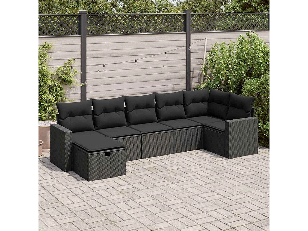 Salon de jardin 7 pcs avec coussins noir résine tressée