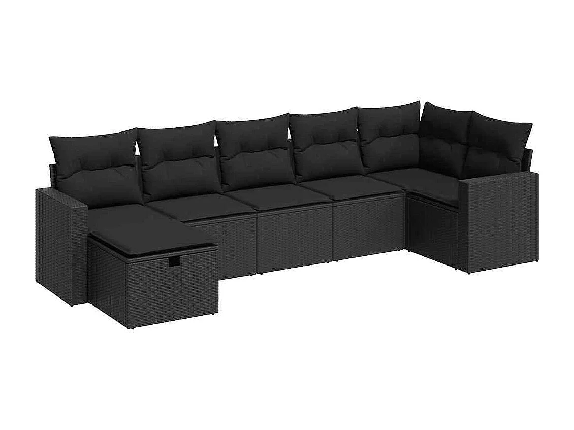 Salon de jardin 7 pcs avec coussins noir résine tressée