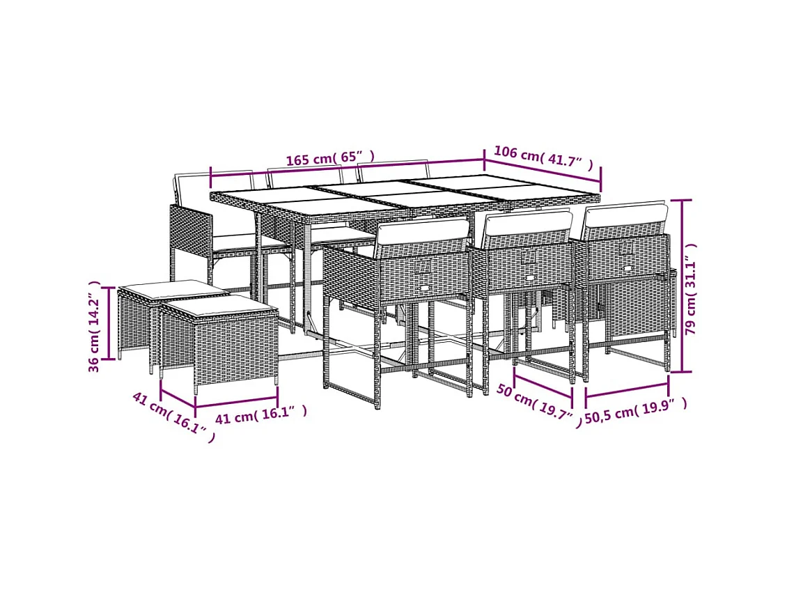 11-delige Tuinset met kussens poly rattan bruin