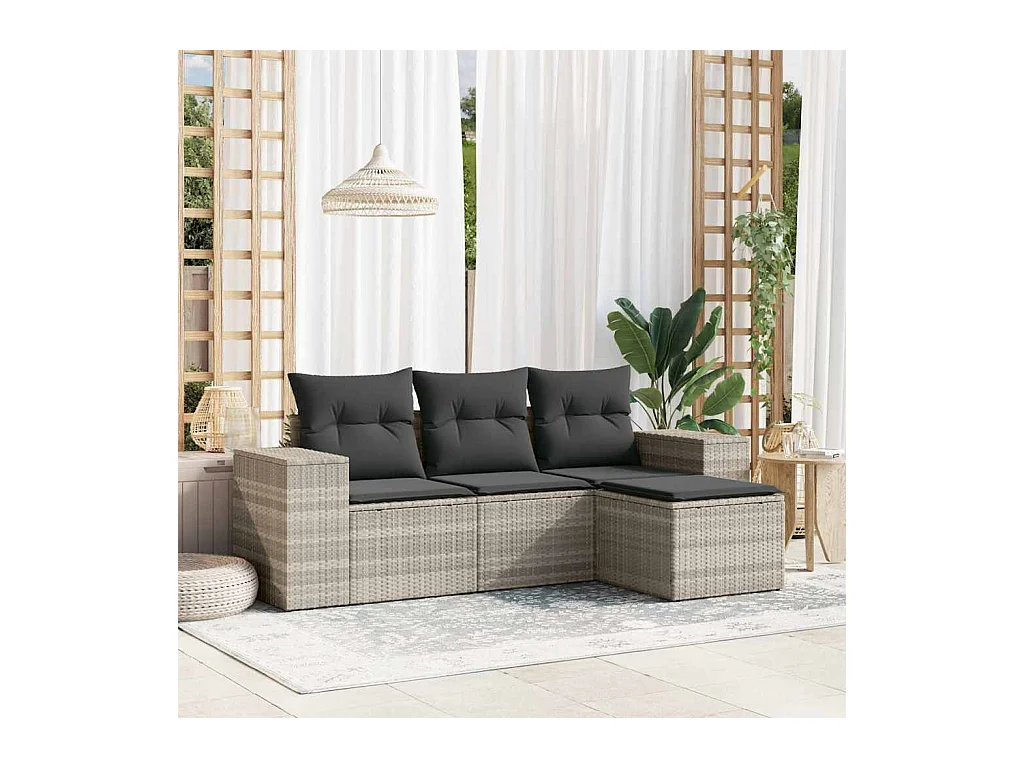 Salon de jardin 4 pcs avec coussins gris clair résine tressée