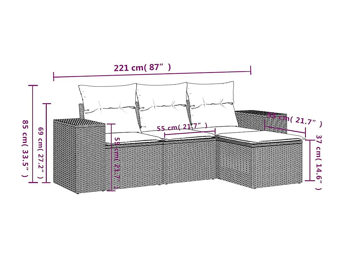 Salon de jardin 4 pcs avec coussins gris clair résine tressée