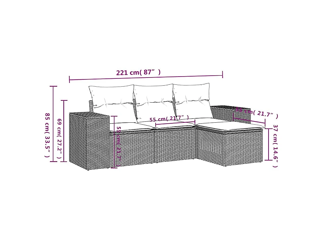 4 pcs conj. sofás jardim c/ almofadões vime PE cinzento-claro