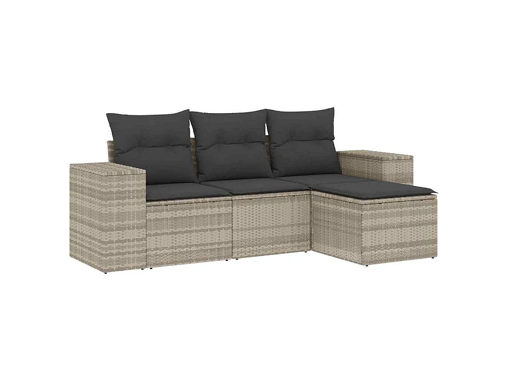 4 pcs conj. sofás jardim c/ almofadões vime PE cinzento-claro