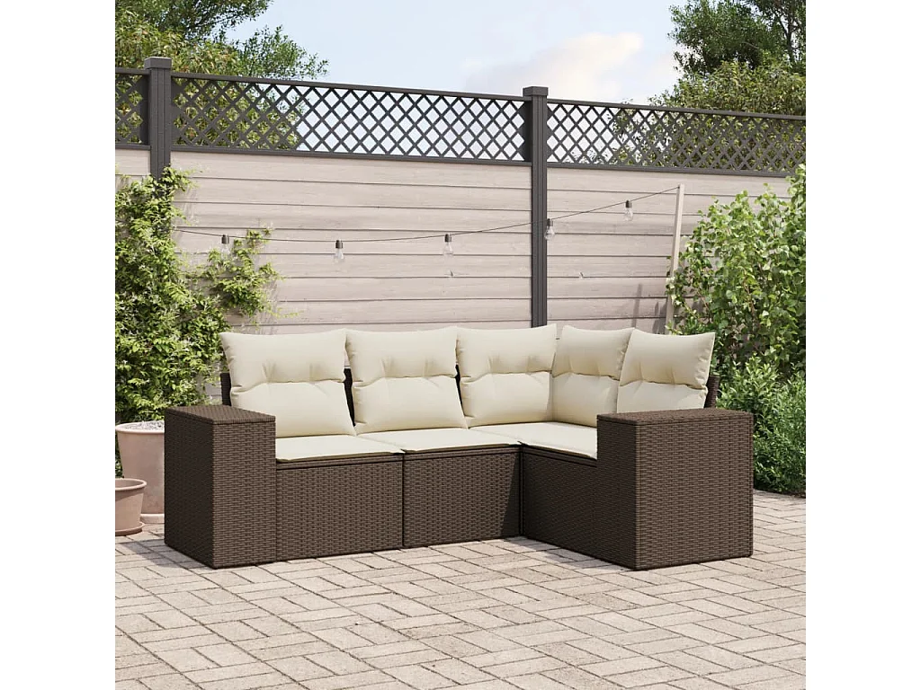 4 pcs conjunto sofás de jardim c/ almofadões vime PE castanho