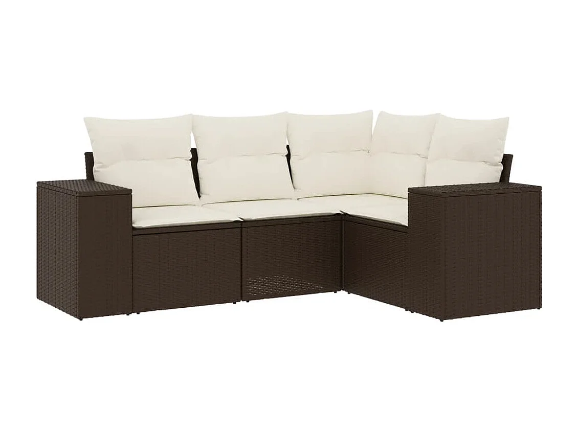 4 pcs conjunto sofás de jardim c/ almofadões vime PE castanho