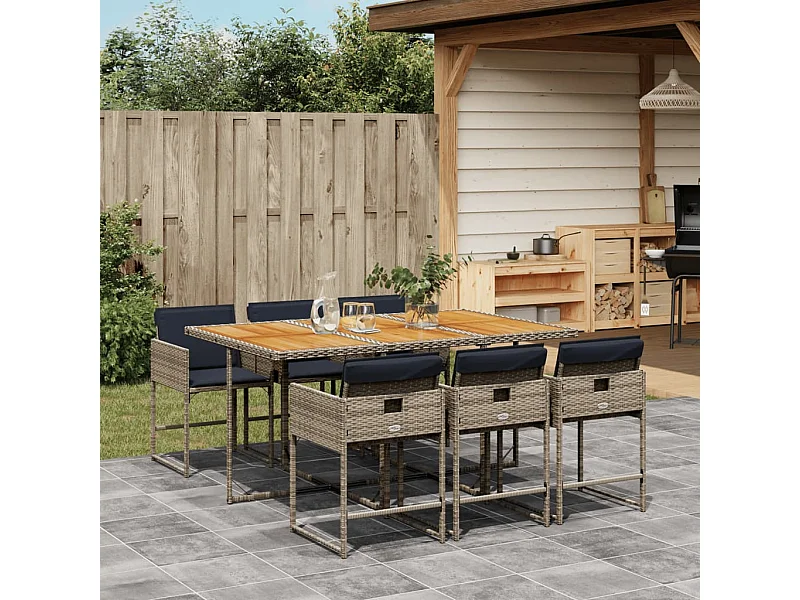 Set comedor jardín 7 pzas y cojines ratán sintético gris