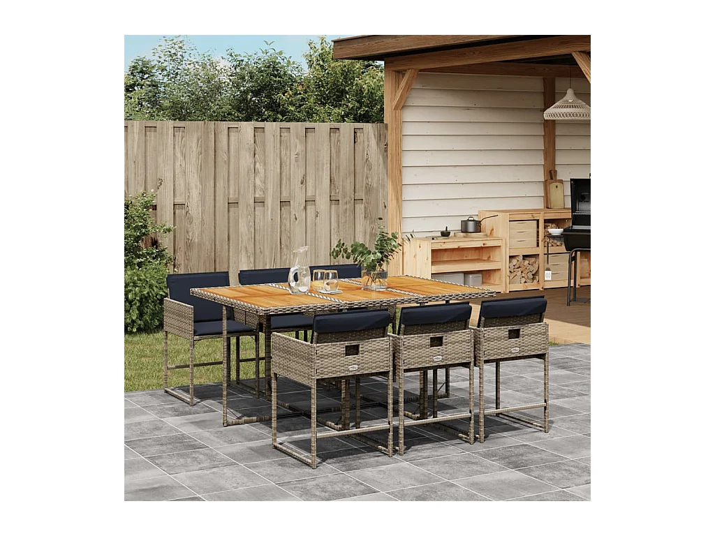 Set comedor jardín 7 pzas y cojines ratán sintético gris