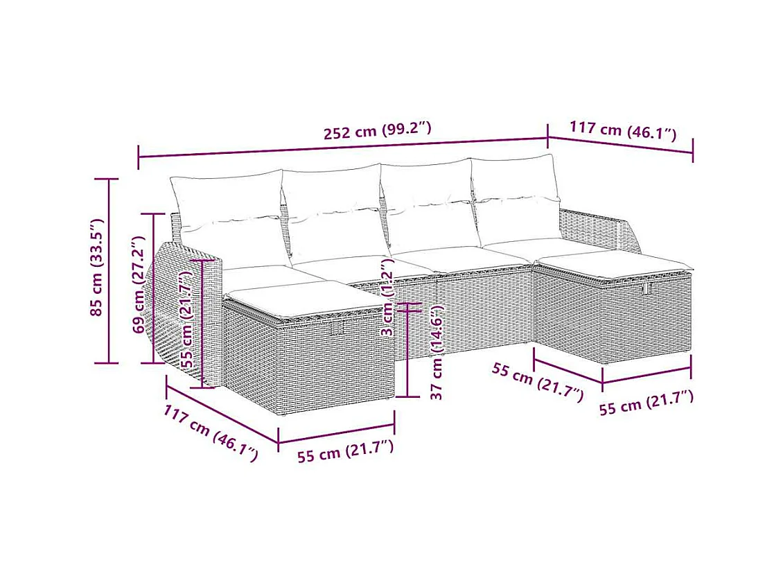 Set Divano da Giardino 6 pz con Cuscini Nero in Polyrattan