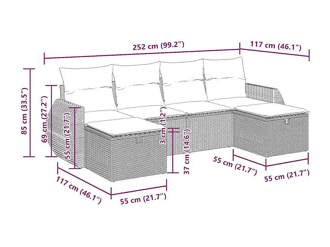 Salon de jardin 6 pcs avec coussins noir résine tressée