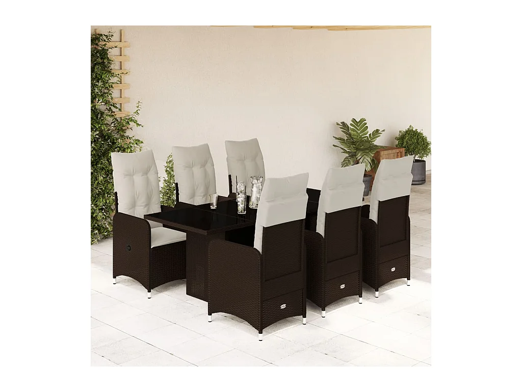 Ensemble de bistro de jardin 7 pcs coussins marron poly rotin