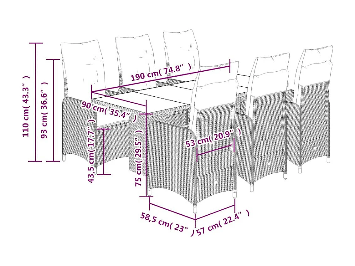 Ensemble de bistro de jardin 7 pcs coussins marron poly rotin