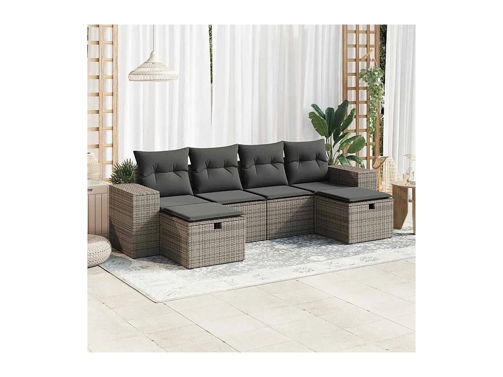 6 pcs conjunto sofás de jardim com almofadões vime cinzento