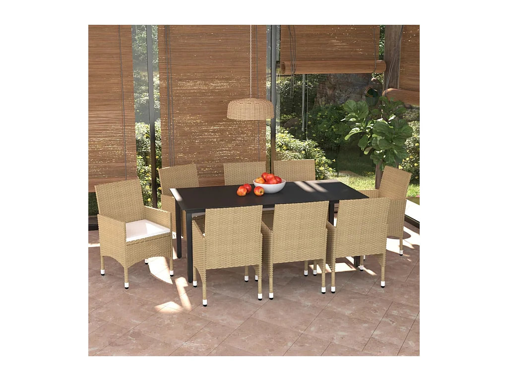 Ensemble à manger de jardin et coussins 9 pcs Poly rotin Beige