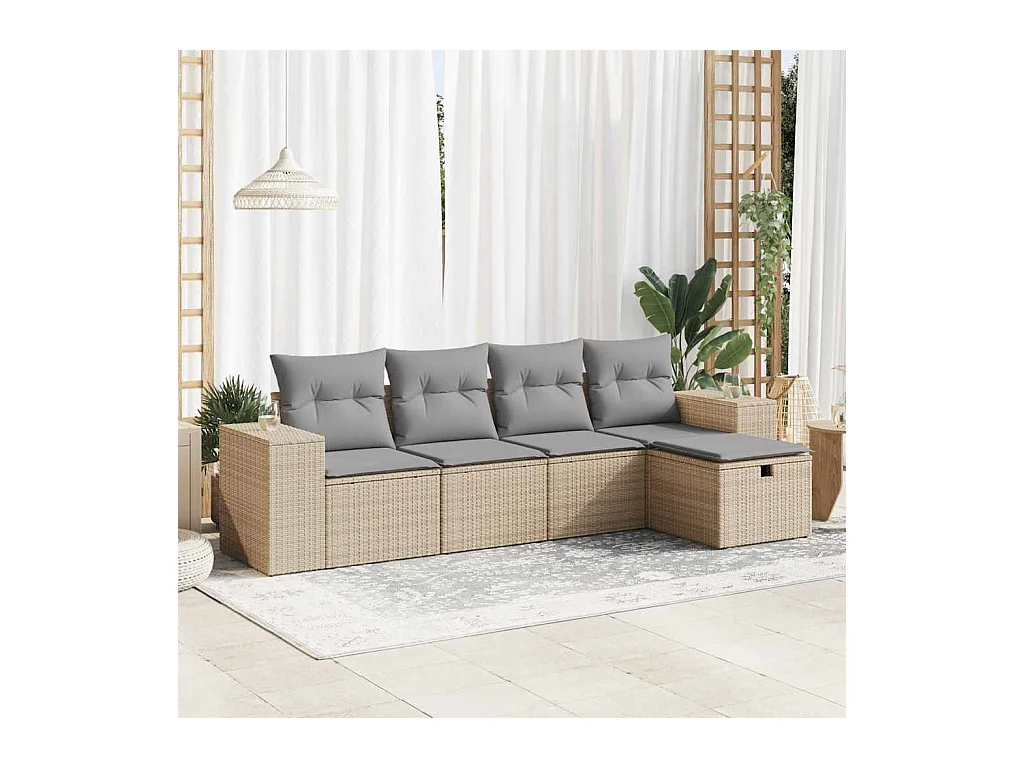 5-tlg. Garten-Sofagarnitur mit Kissen Beige Poly Rattan