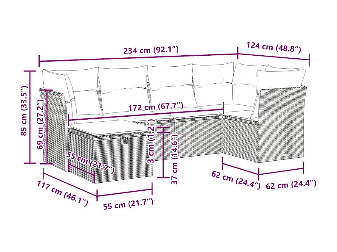 Salon de jardin 6 pcs avec coussins noir résine tressée