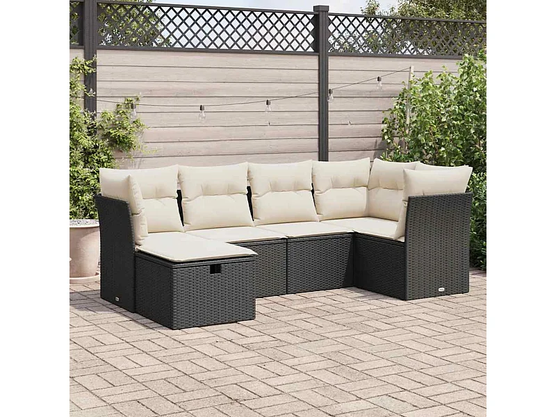 Salon de jardin 6 pcs avec coussins noir résine tressée