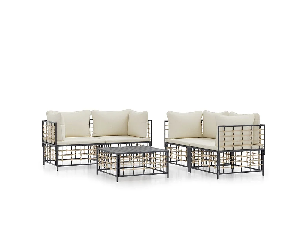 5-delige Loungeset met kussens poly rattan antracietkleurig