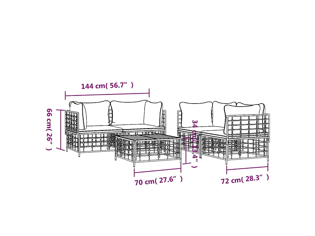 5-delige Loungeset met kussens poly rattan antracietkleurig