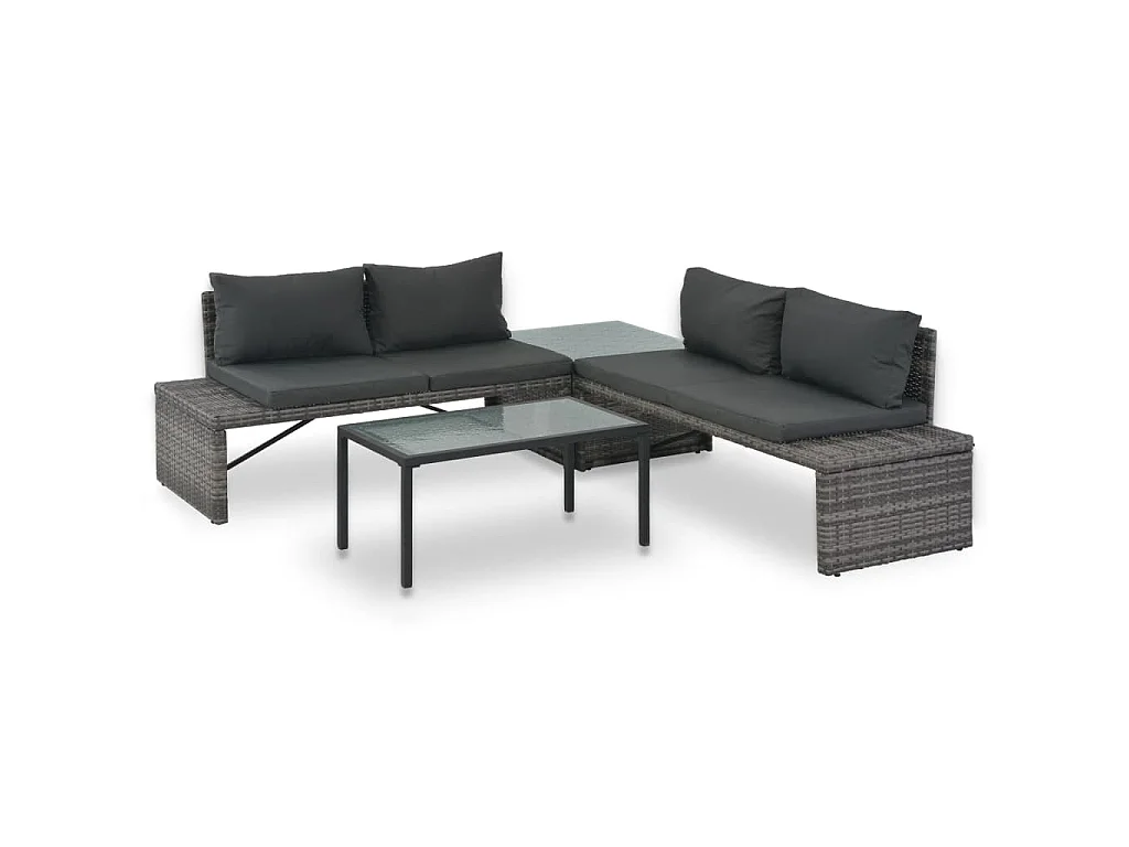 Loungeset met kussens 3-delig poly rattan grijs