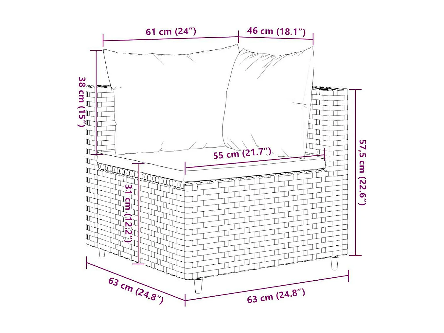 6 pcs conjunto lounge de jardim c/ almofadões vime PE preto