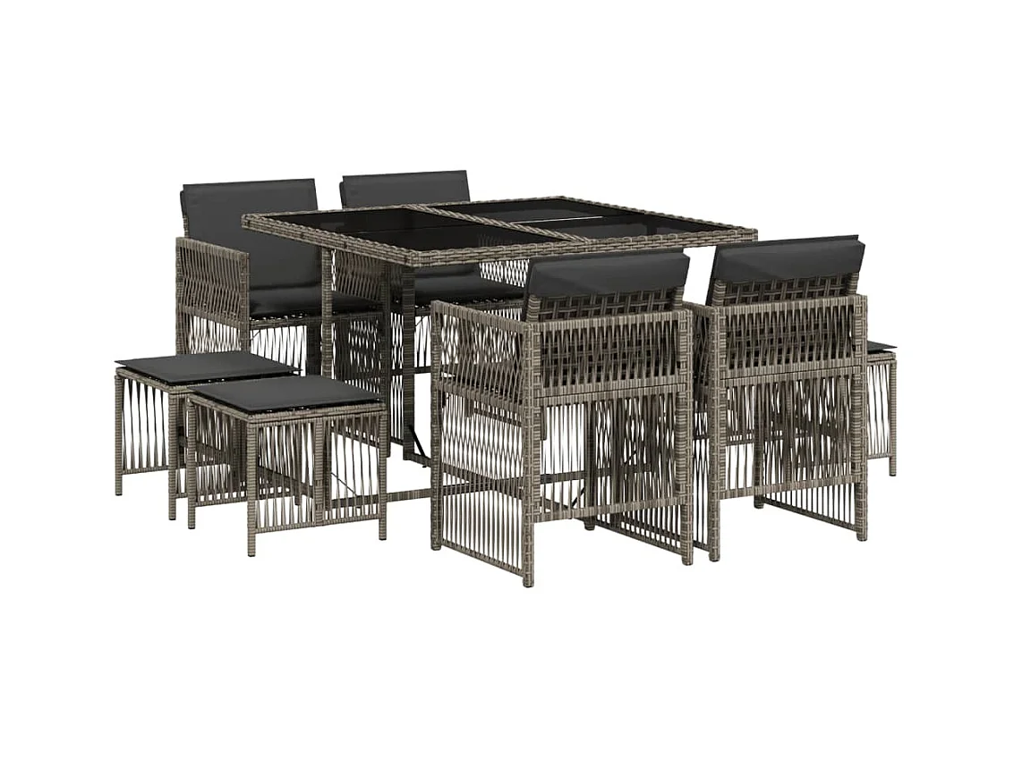 Set comedor jardín 9 pzas y cojines ratán sintético gris