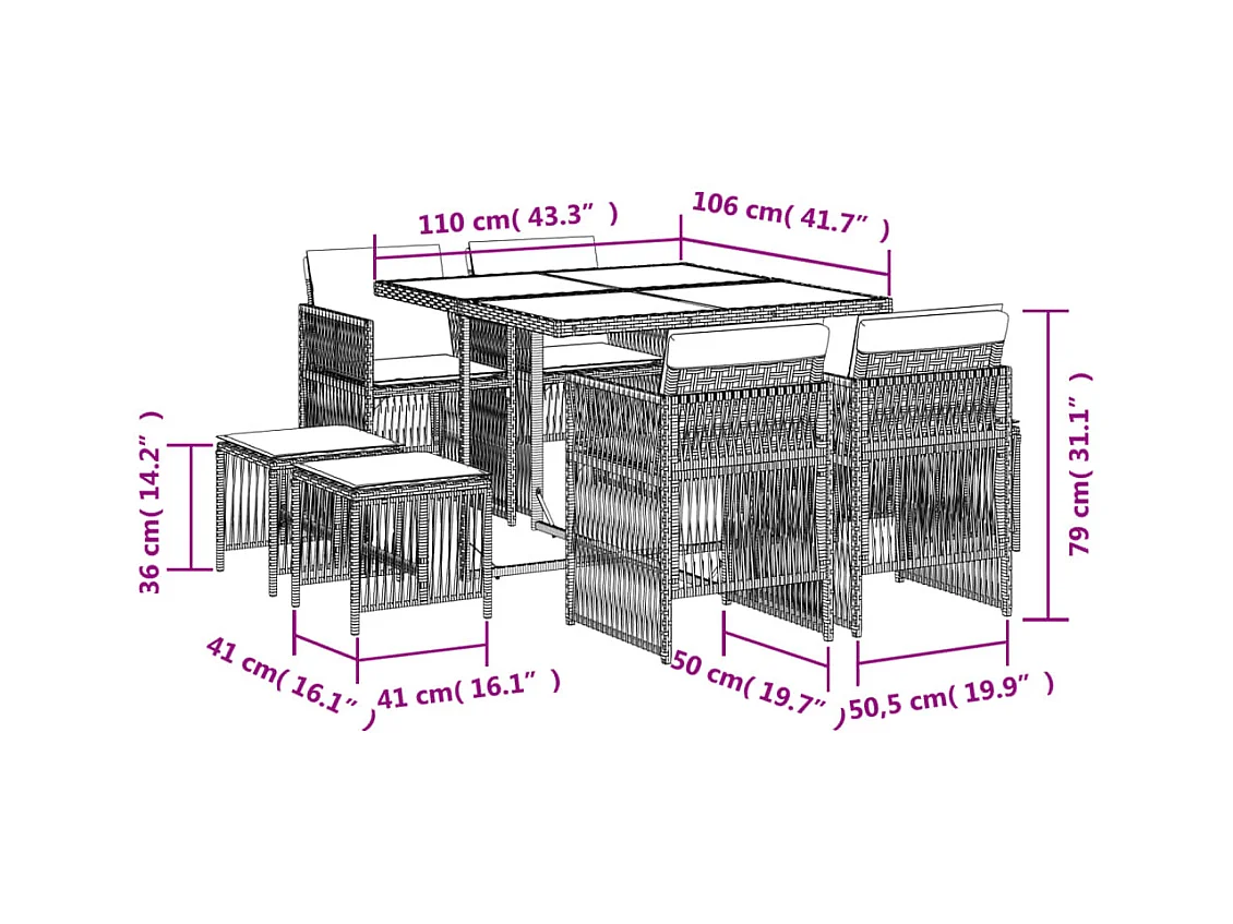 Set comedor jardín 9 pzas y cojines ratán sintético gris
