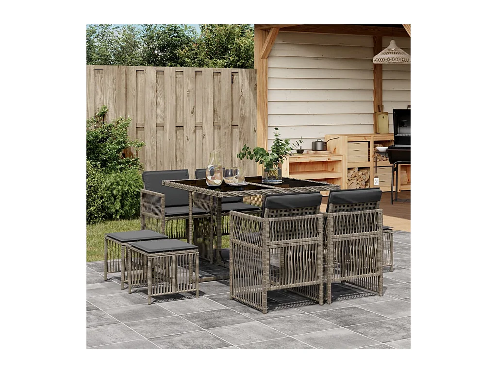 Ensemble à manger de jardin 9 pcs coussins gris résine tressée
